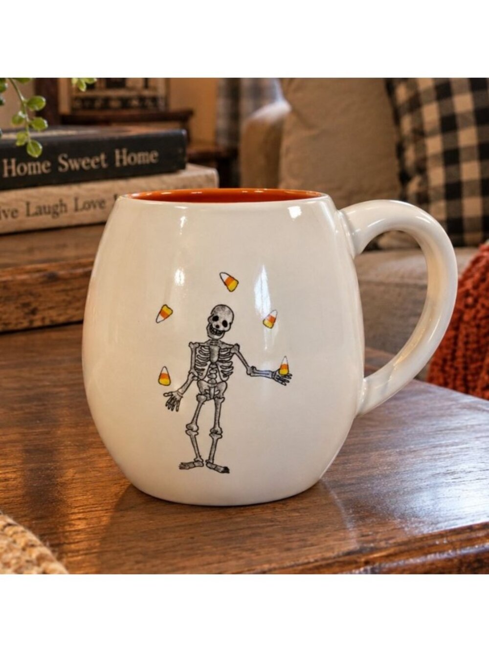 Rae Dunn Halloween Dancing Skeleton Juggling Candy Corn Coffee Tea Mug
